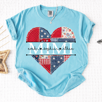Comfort Colors Personalized Mimi Shirt with Grandkids Names, Patriotic Heart Patchwork Design
