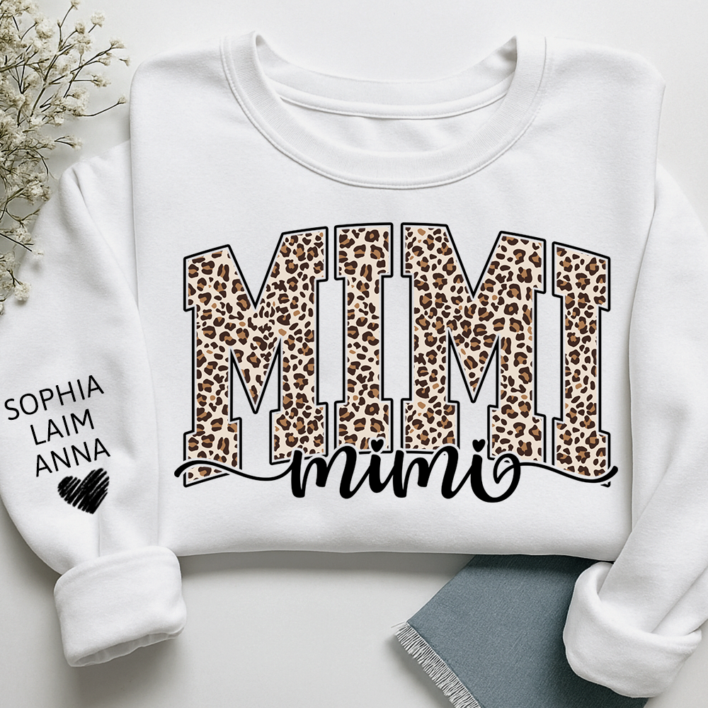 Personalized Mimi Leopard Print Sweatshirt, Custom Grandkids’ Names on Sleeve, Heart Detail