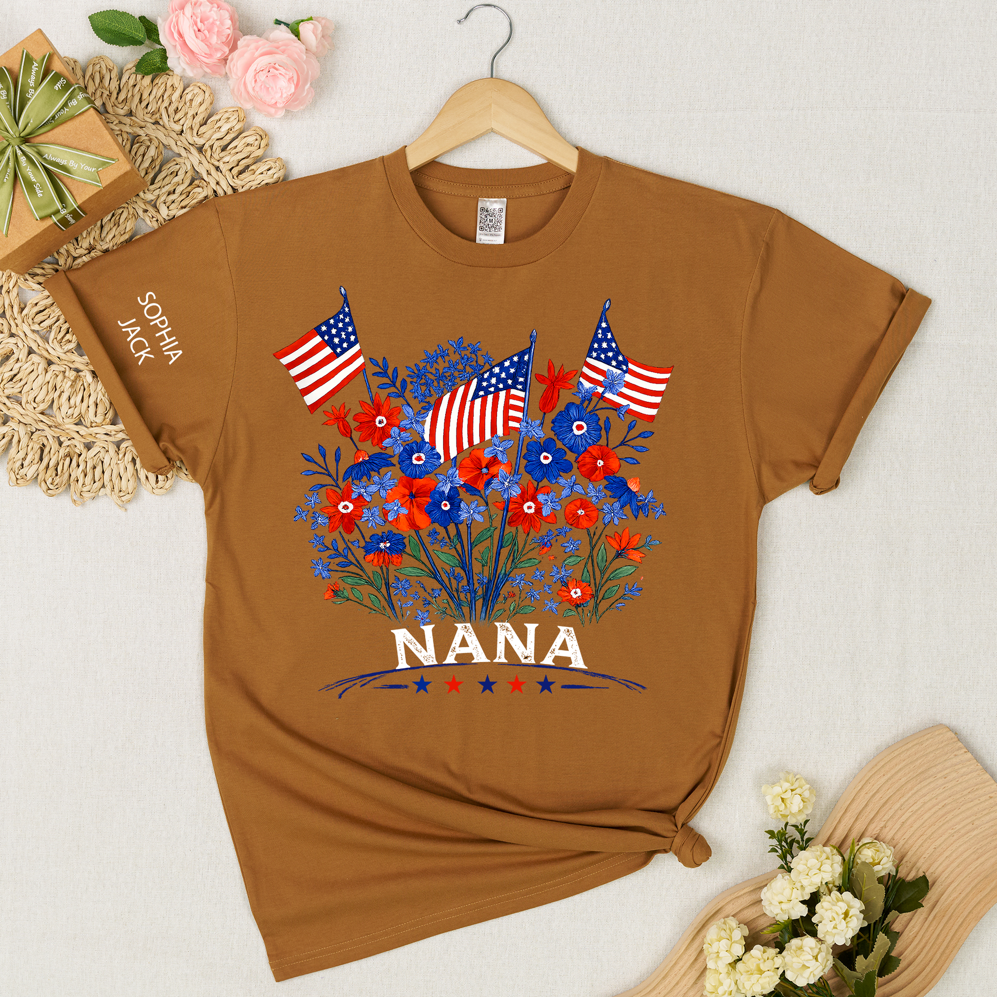 Personalized Nana Shirt Patriotic Floral American Flag Design Custom Grandma Mimi Gigi Name Tee with Grandkids Names Family 4th of July Outfit