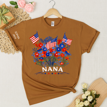 Personalized Nana Shirt Patriotic Floral American Flag Design Custom Grandma Mimi Gigi Name Tee with Grandkids Names Family 4th of July Outfit