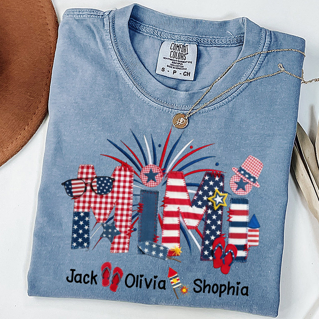 Comfort Colors Mimi Custom T Shirt with Patriotic Design & Grandkids' Names, Perfect for 4th of July