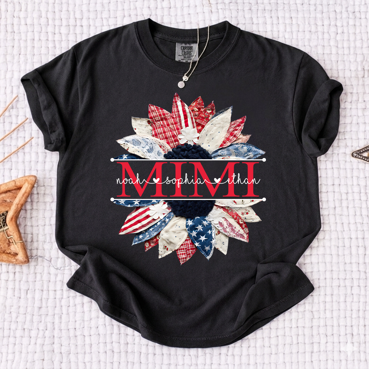 Comfort Colors Mimi Patchwork Floral Shirt with Custom Grandkids Names, Personalized Family Tee