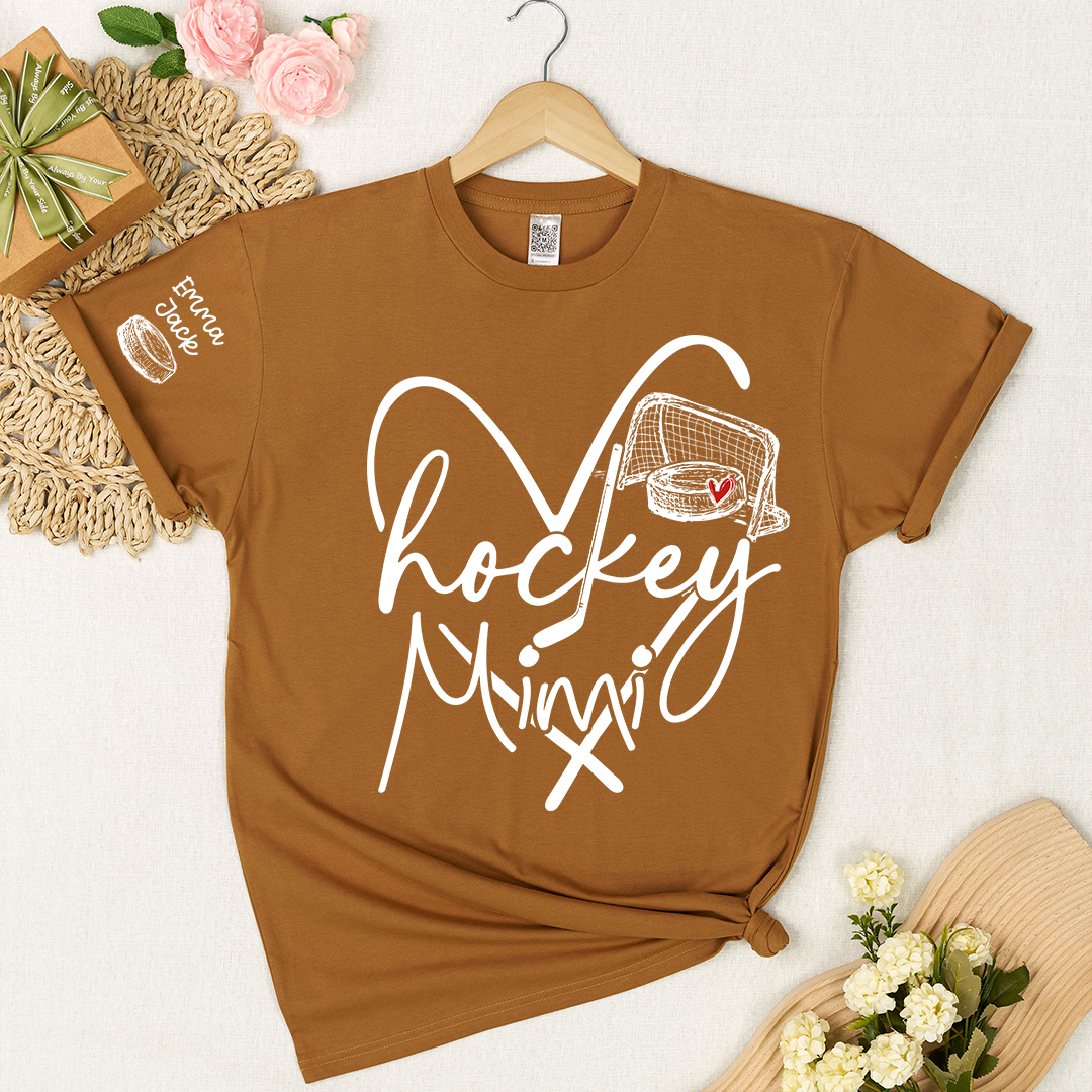 Hockey Heart Mimi Family Shirt, Custom Names and Hockey Puck Design Personalized Tee