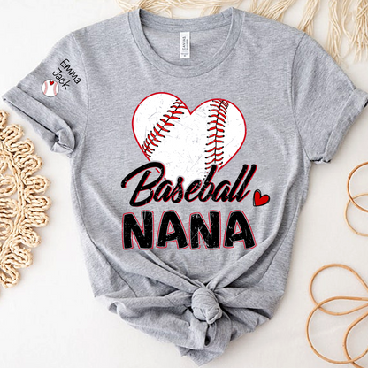 Baseball Nana T-Shirt With Custom Grandkids Names, Heart Graphic Design For Gift Gradma And Kids