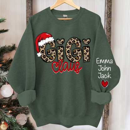 Personalized Gigi Claus Leopard Sweatshirt, Custom Grandma and Grandkids Sweatshirt