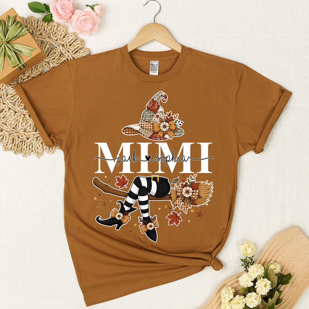 Personalized Mimi Witch Halloween Shirt, Fall Pumpkin Grandma Tee, Custom Grandkids Names T Shirt, Cute Autumn Gift for Mimi