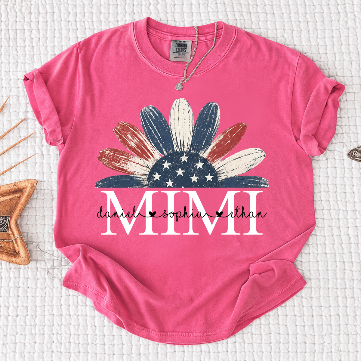Comfort Colors Floral Mimi T Shirt, Custom Name Design with American Flag, Personalized Grandma Gift, Patriotic 4th of July Shirt