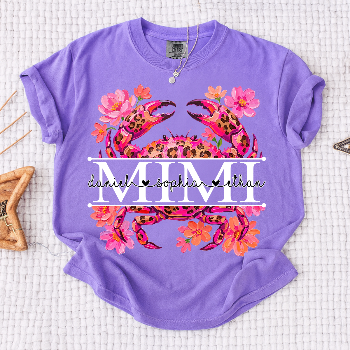 Comfort Colors® Personalized Mimi Crab Shirt with Grandkids Names, Custom Grandma Tee, Floral Leopard Beach Design T Shirt for Mimi Gift