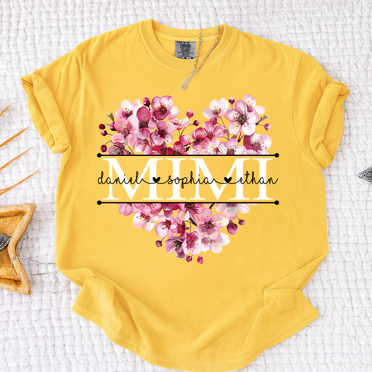 Comfort Mimi Floral Heart Shirt, Custom Family Names Pink Flower Design T Shirt