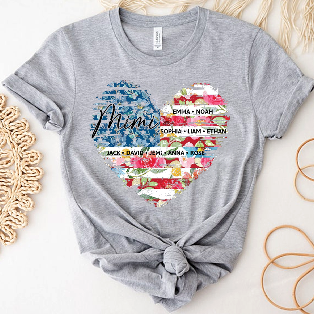 Personalized Mimi Heart Shirts With Children's Names, Family T-Shirts With Stylized Floral And American Flag Designs