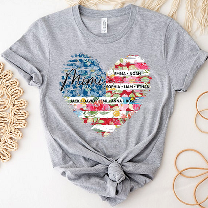Personalized Mimi Heart Shirts With Children's Names, Family T-Shirts With Stylized Floral And American Flag Designs