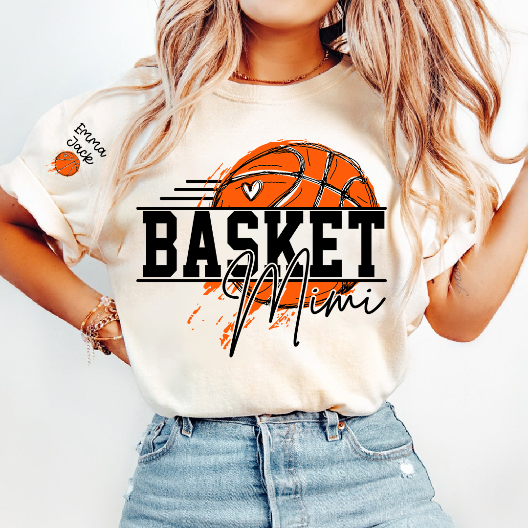 Basketball Mimi Shirt, Custom Grandkids Names with Basketball Hoop Design Family Tee