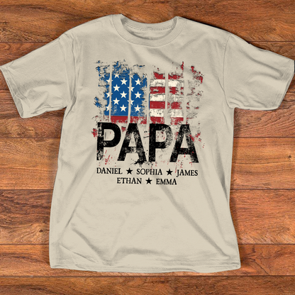 Custom Papa Shirt with Distressed USA Flag – Personalized Father Gift Featuring Grandkids or Kids Names