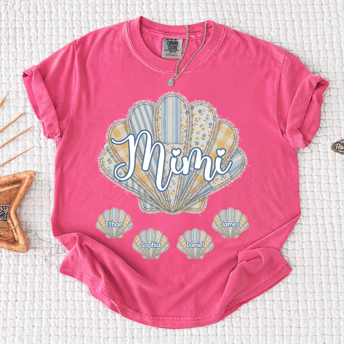 Comfort Colors Personalized Mimi Shirt with Grandkids Names, Custom Seashell Patchwork Graphic Tee, Beach Grandma Summer Family Shirt