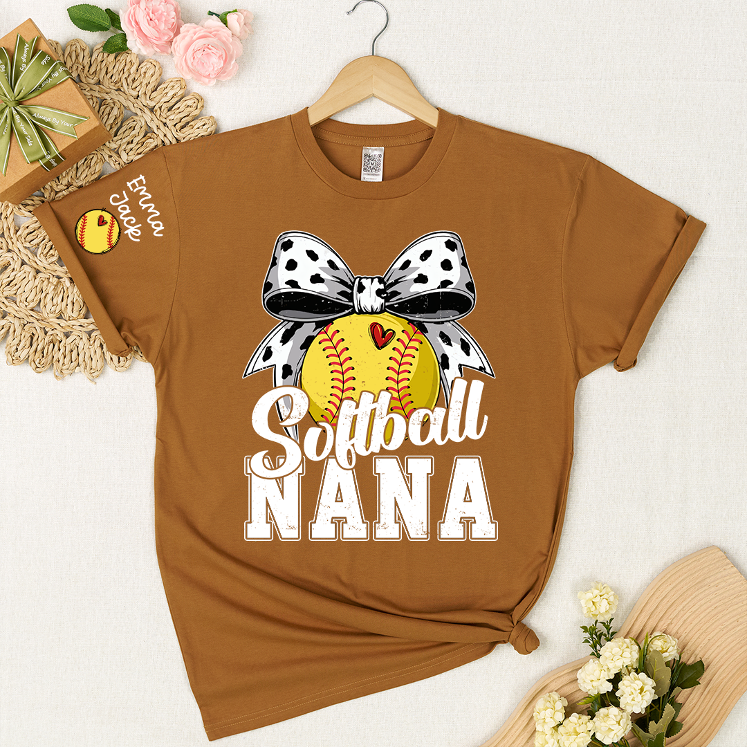 Proud Softball Nana T Shirt, Personalized Kids Names Sports Shirt with Bow Graphic