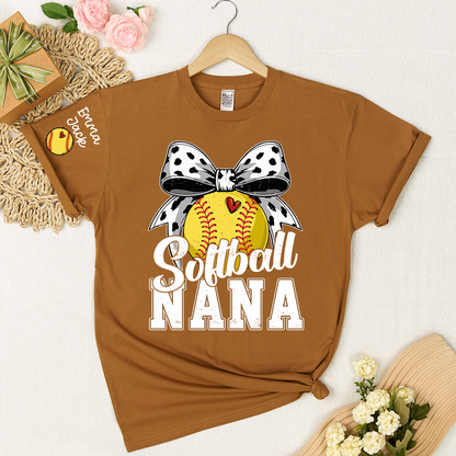 Proud Softball Nana T Shirt, Personalized Kids Names Sports Shirt with Bow Graphic
