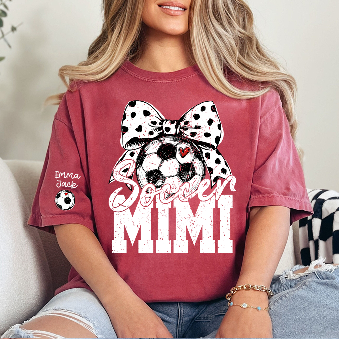 Personalized Soccer Mimi Shirt, Soccer Ball and Bow Design with Kids Names