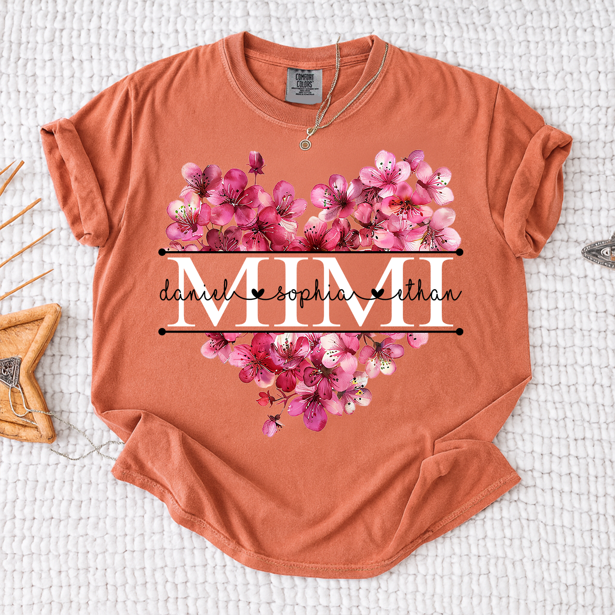 Comfort Personalized Mimi Shirt with Grandkids Names, Pink Floral Heart Family T Shirt