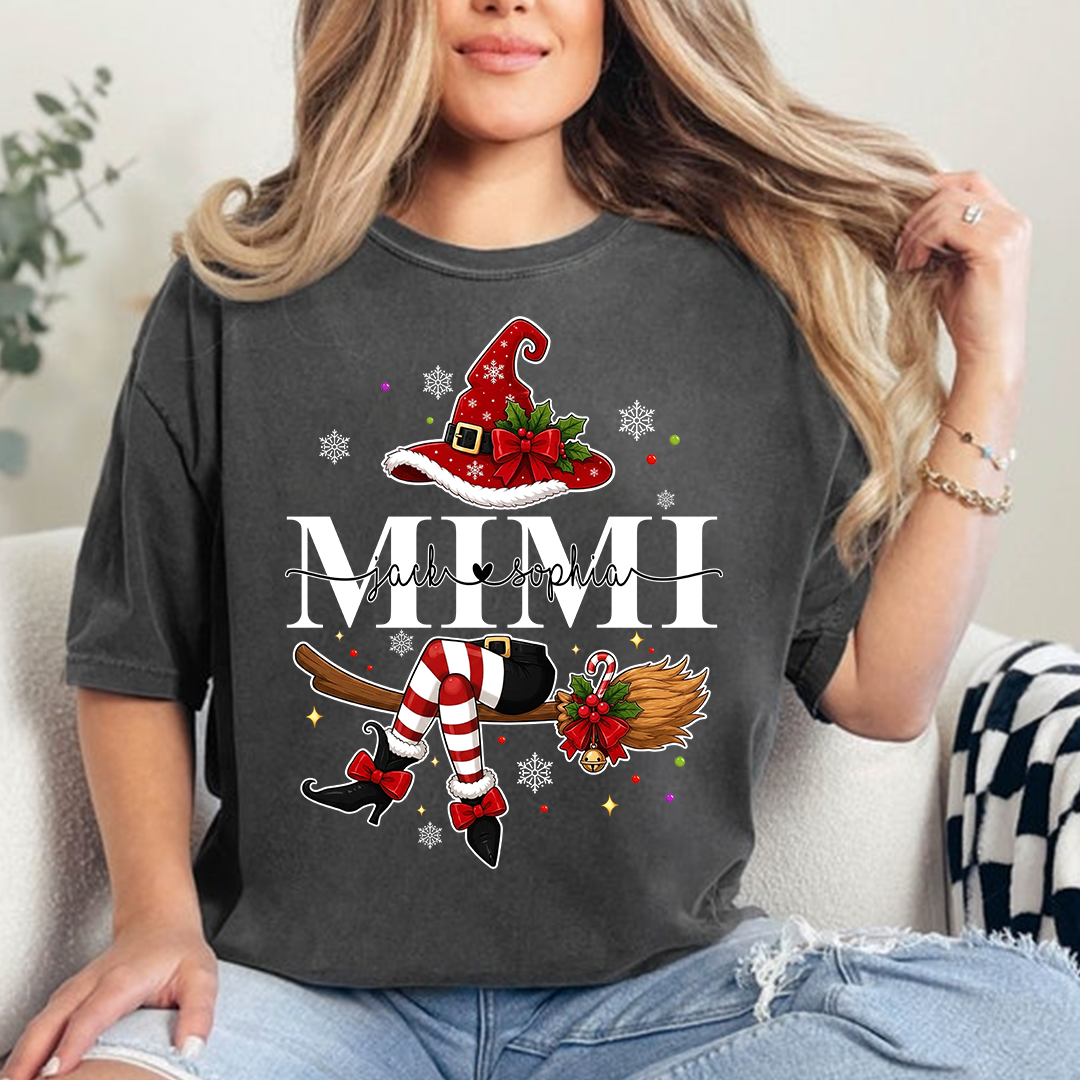 Funny Mimi Holiday Shirt, Christmas Santa Witch Legs Graphic Tee, Personalized Grandma T Shirt, Cute Winter Gift for Women