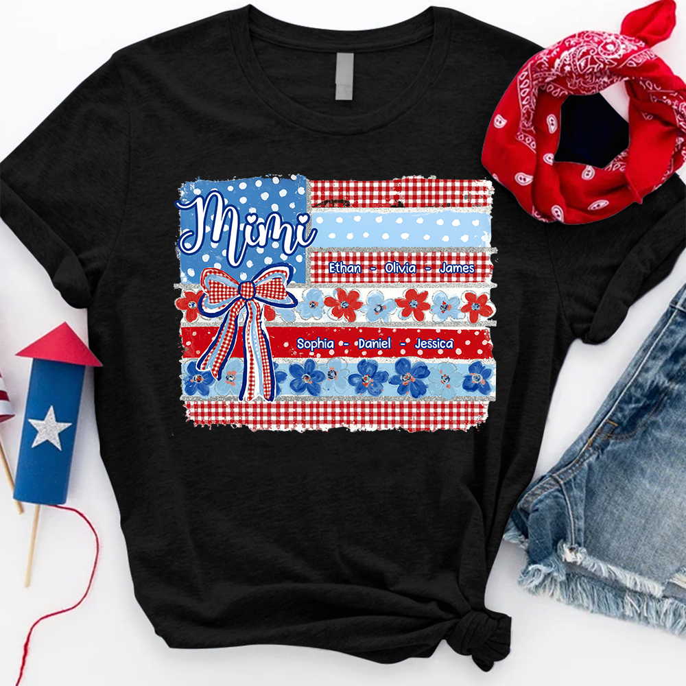 Patriotic Mimi Shirt with Grandkids Names Custom Family Shirt Featuring American Flag and Floral Bow Design