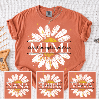 Comfort Personalized Mimi Shirt with Grandkids Names, Daisy Flower Graphic Family T Shirt