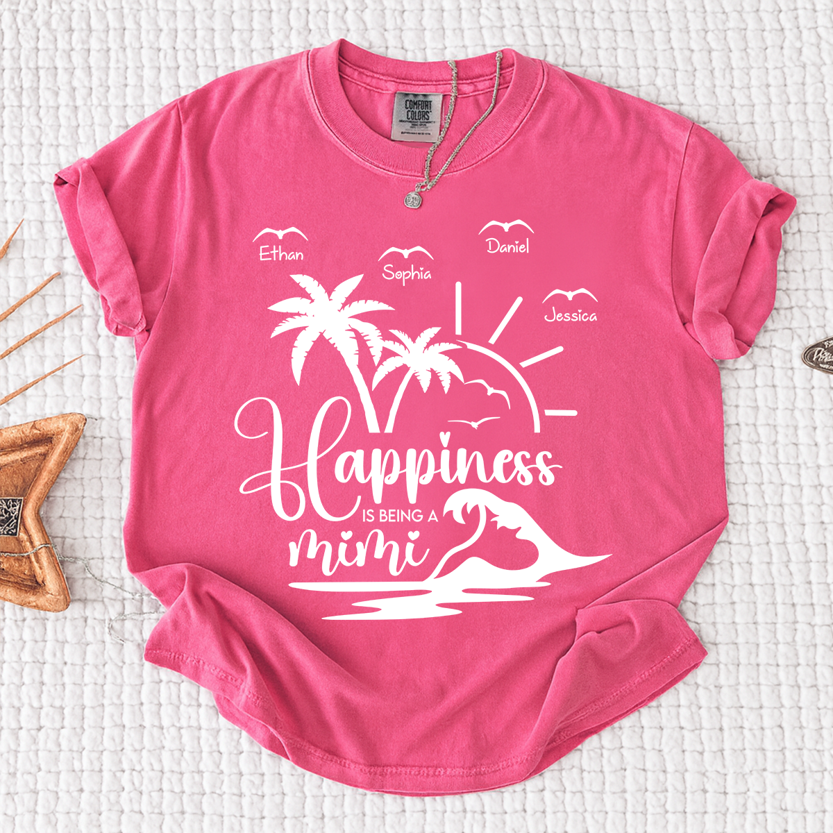 Comfort Colors Personalized Mimi Beach Shirt with Grandkids Names, Happiness Is Being a Mimi Tee, Custom Summer Grandma Gift