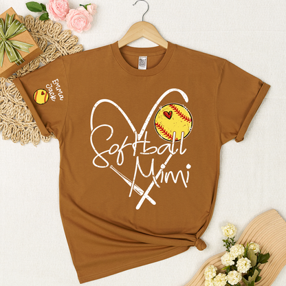 Softball Mimi Shirt Personalized with Grandkids Names, Heart and Bat Sports Family T Shirt