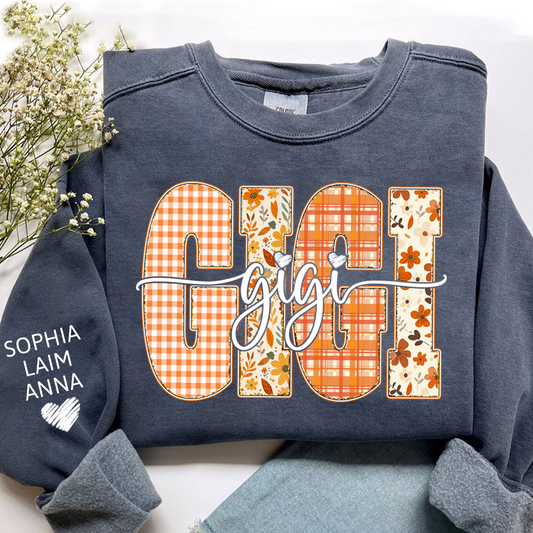 Personalized Gigi Crewneck for Grandma – Fall Colors with Kids' Names on Sleeve
