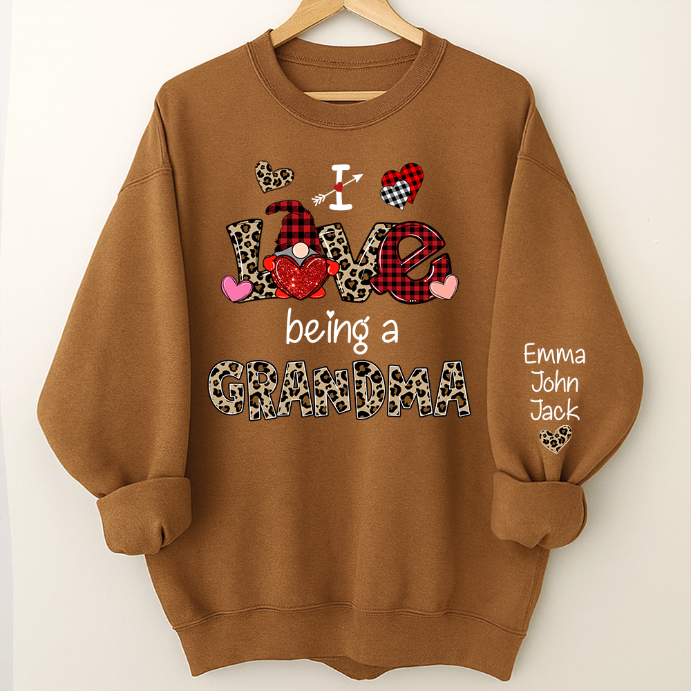 Custom I Love Being A Grandma Leopard – Valentine Sweatshirt with Grandkids Names for Mimi Nana Gigi