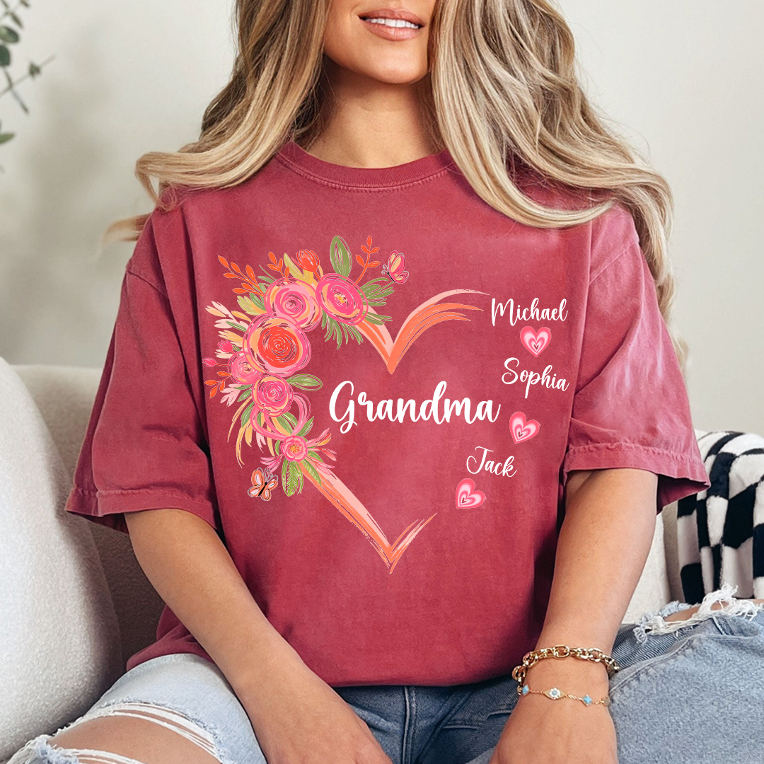 Personalized Grandma Floral Heart Shirt with Grandkids Names, Family Love T Shirt Gift