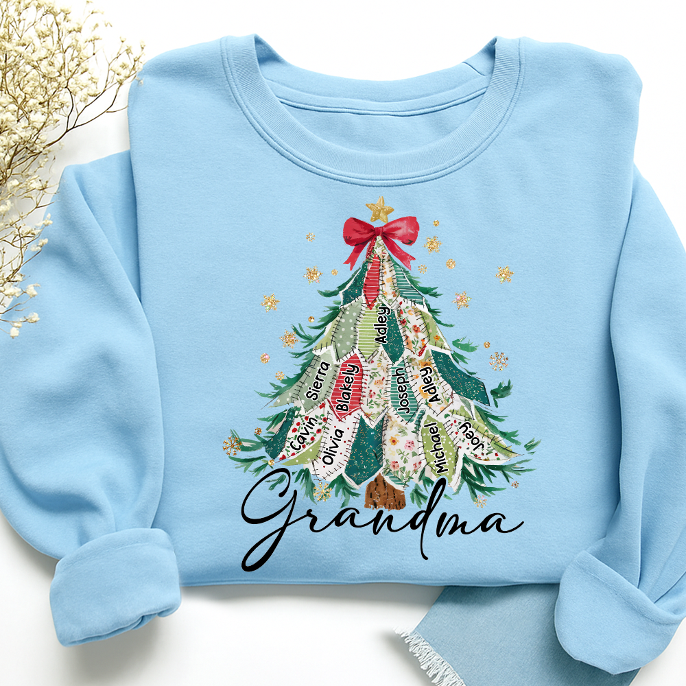 Personalized Grandma Christmas Sweatshirt, Custom Name Tree Ribbon Holiday Shirt