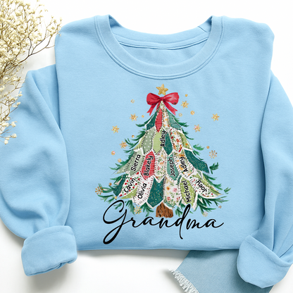 Personalized Grandma Christmas Sweatshirt, Custom Name Tree Ribbon Holiday Shirt
