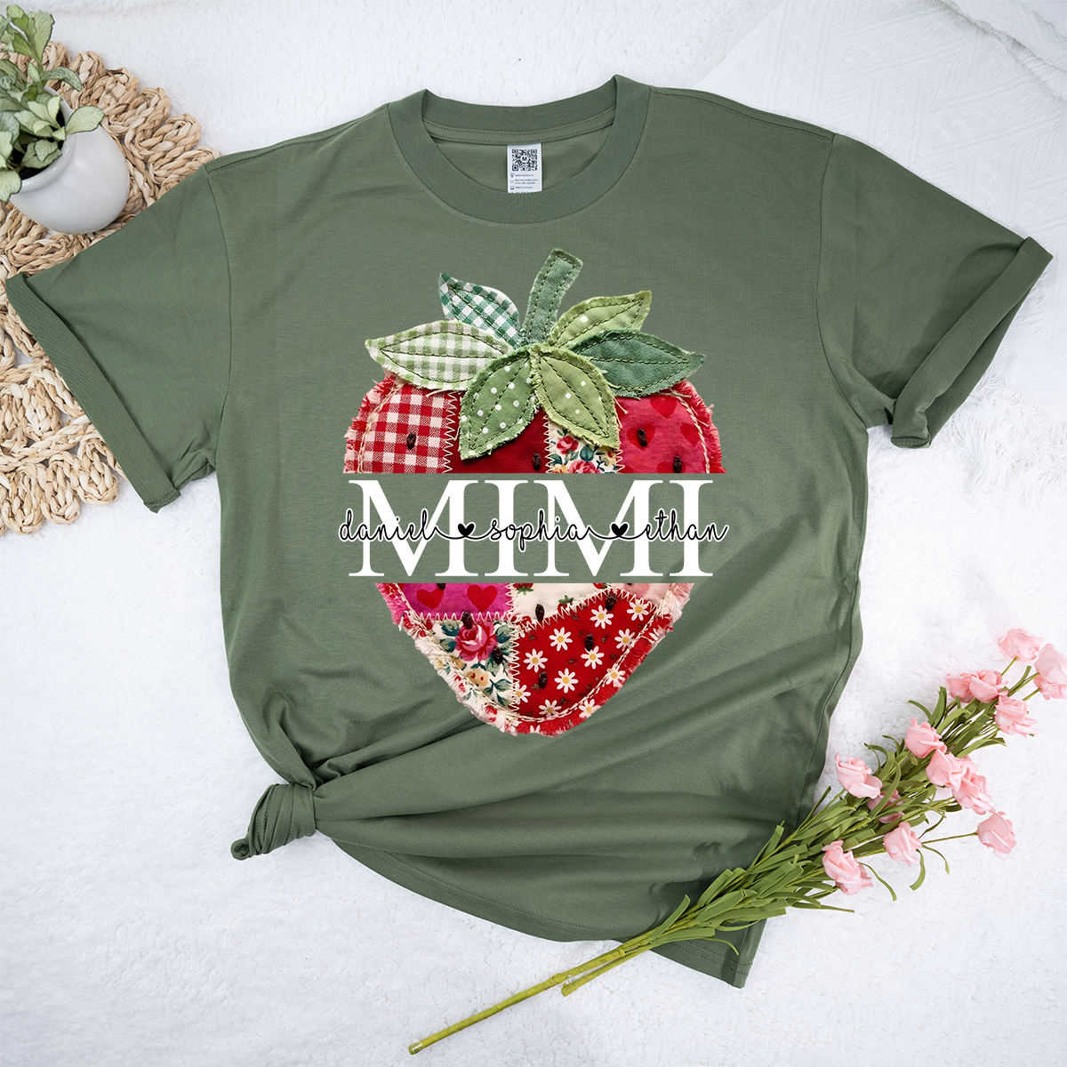 Personalized Mimi Shirt with Kids Names, Vintage Strawberry Patchwork Design Tee, Cute Grandma Gift for Summer