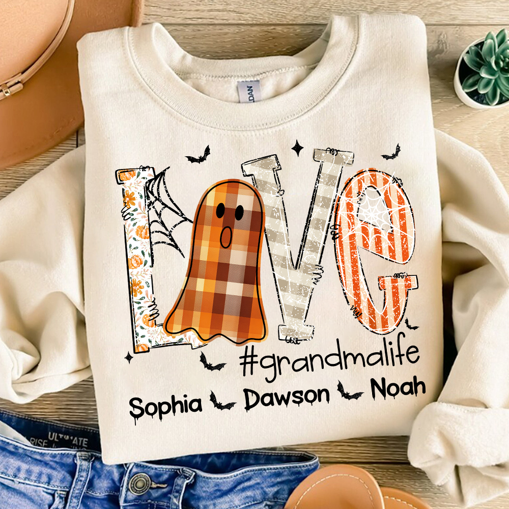Personalized Grandma Halloween Outfit, Cute Ghost Sweatshirt with Grandkids Names