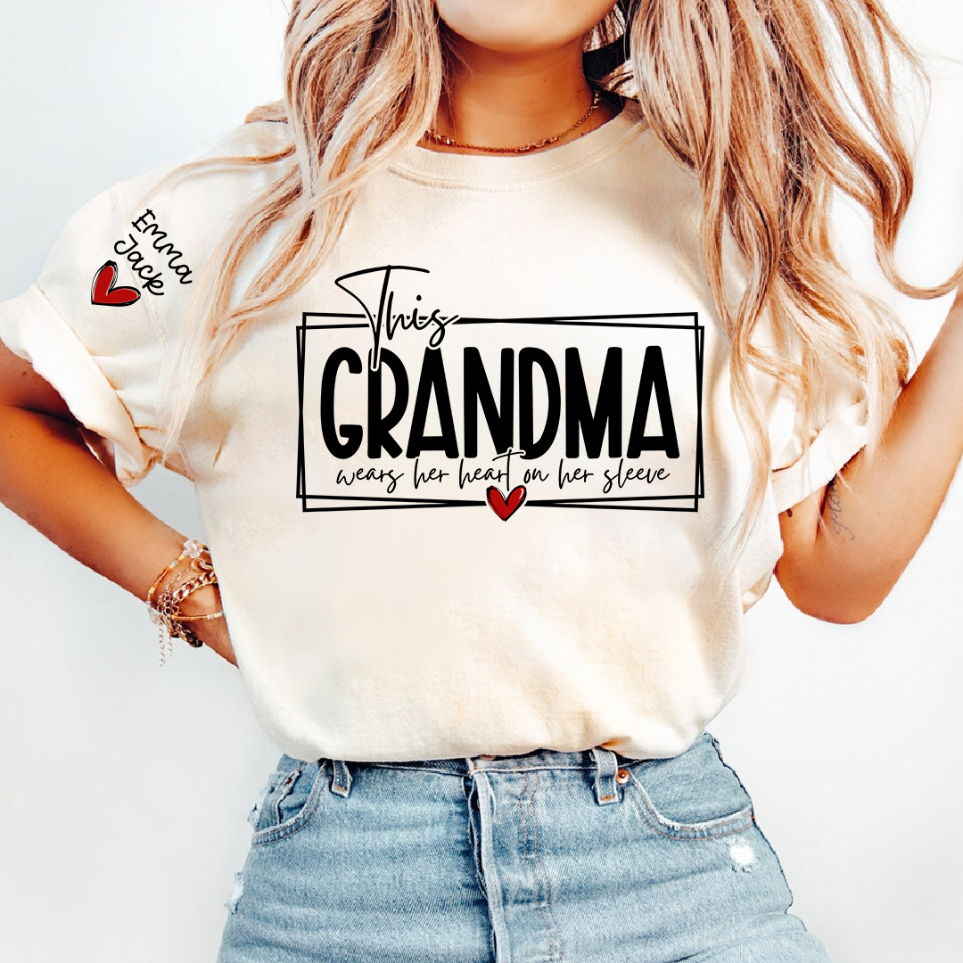 Custom Grandma Family Shirt, This Grandma Wears Her Heart Quote T Shirt