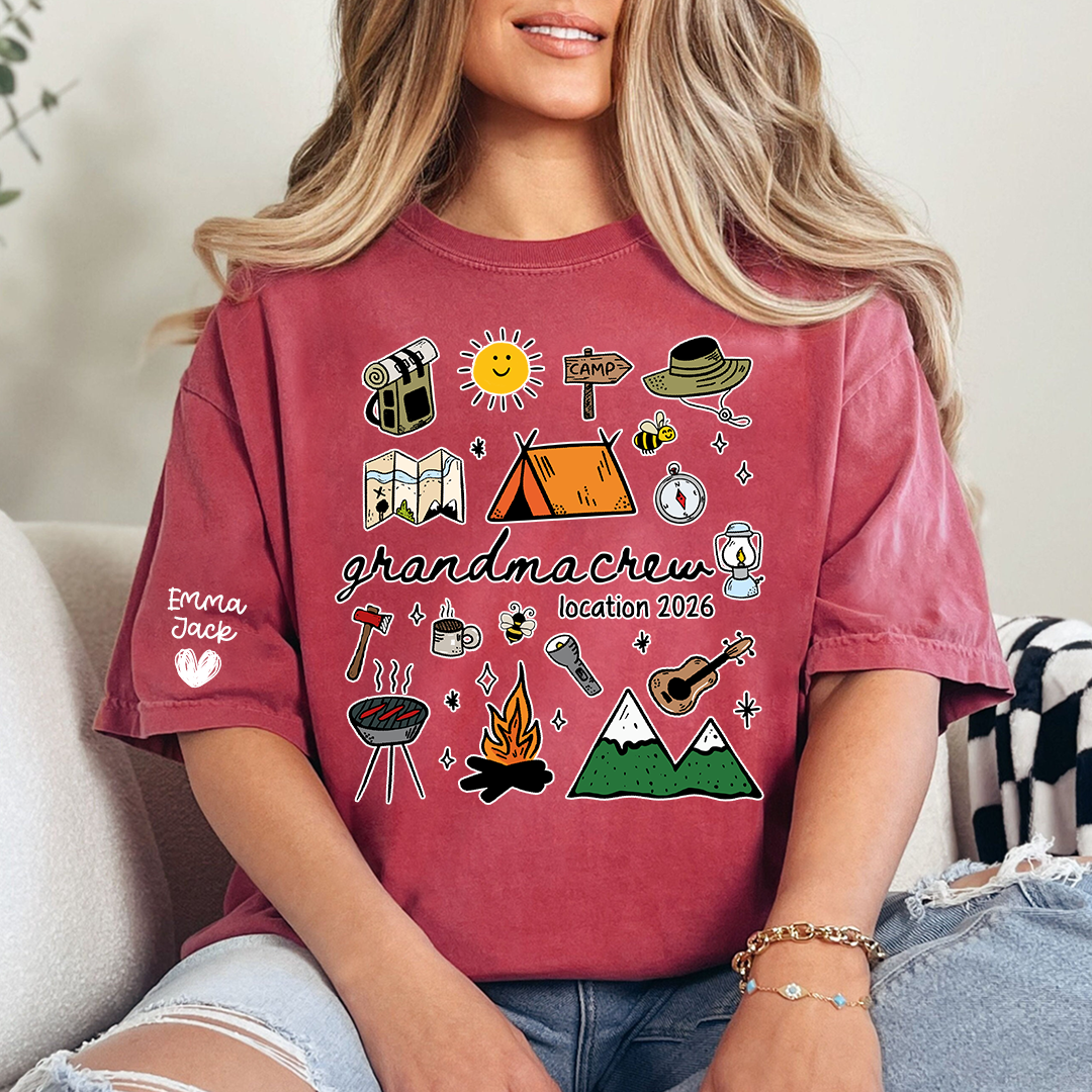 Custom Grandma Crew Camping T Shirt, Personalized Family Names Sleeve Design, Outdoor Adventure Tee for Grandma, Camp Lover Gift