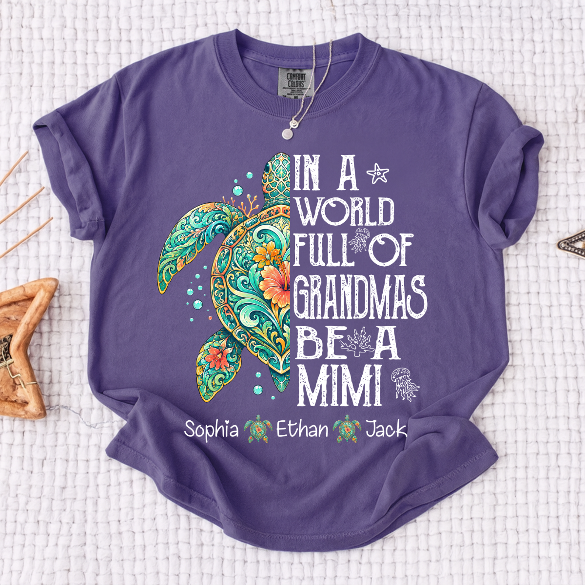 Cute Mimi Turtle Shirt for Women, Personalized Family Names T Shirt, Coastal Sea Life Graphic Tee, Gift for Grandma from Kids