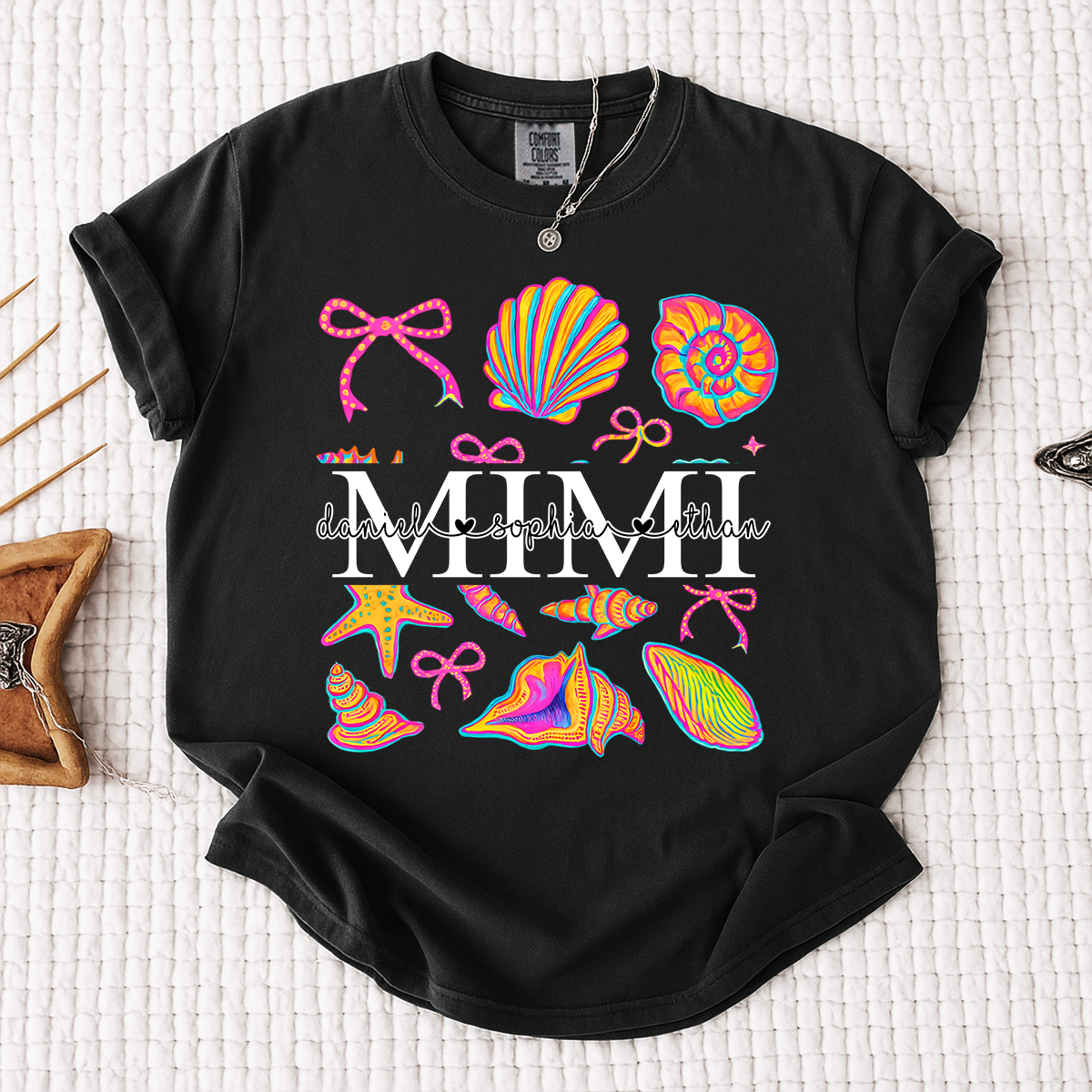 Comfort Colors Personalized Mimi Shirt with Names, Vibrant Seashell Beach Design Tee, Summer Family Gathering Outfit for Women