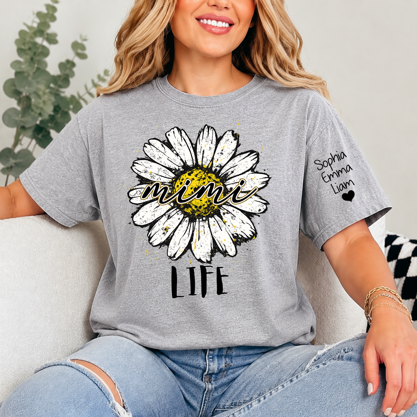 Personalized Mimi Life Daisy Shirt, Custom Grandma T-Shirt with Kids Names on Sleeve, Floral Family Name Tee Gift for Grandma, Nana Shirt