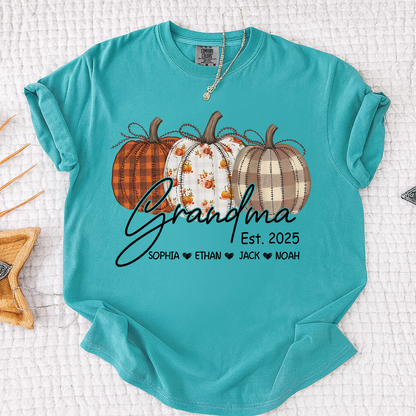 Comfort Colors® Personalized Grandma Pumpkin Tee, Custom Fall Shirt with Grandkids Names