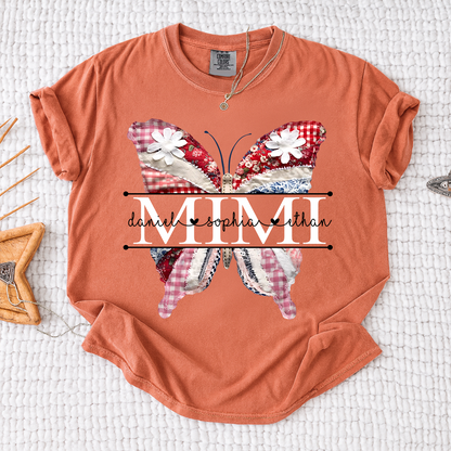 Comfort Personalized Mimi Shirt with Grandkids Names, Colorful Patchwork Butterfly Design Family Tee