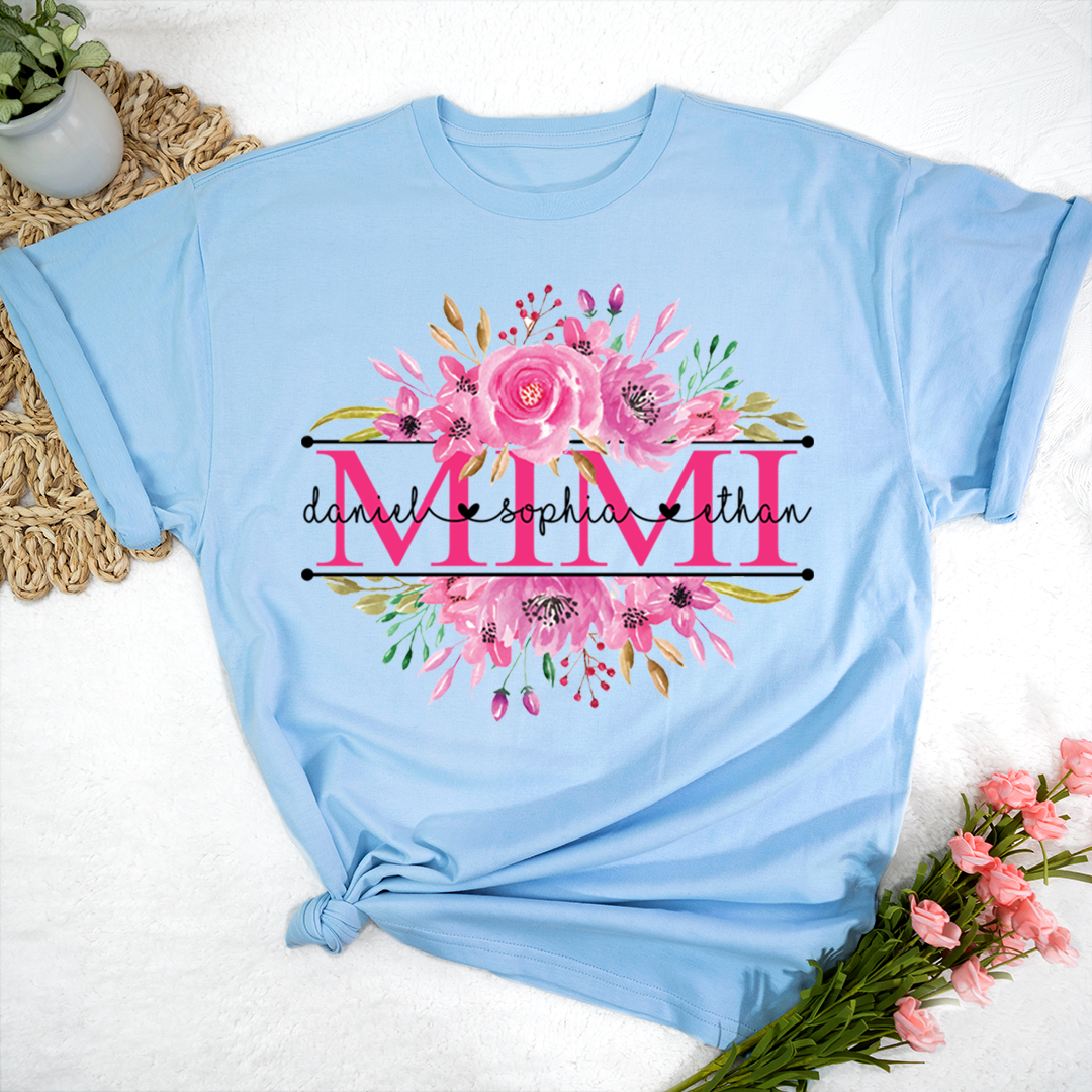 Custom Mimi T Shirt, Grandkids Names with Floral Rose Design Family Gift