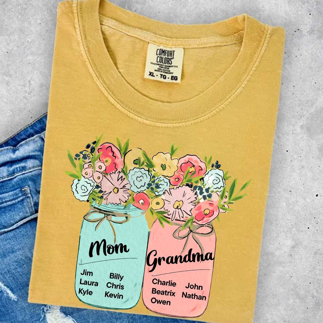 Comfort Colors® Mom & Grandma Kids Flower T-Shirt, Custom Family Names with Floral Design, Perfect Gift for Mom and Grandma