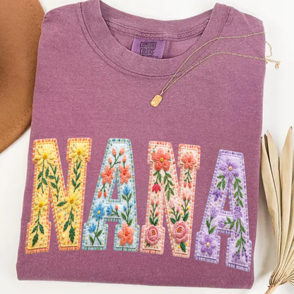 Personalized Nana Shirt Floral Embroidery Design Custom Grandma Mimi Gigi Name Tee with Grandkids Names Vibrant Flower Pattern Family Gift for Women