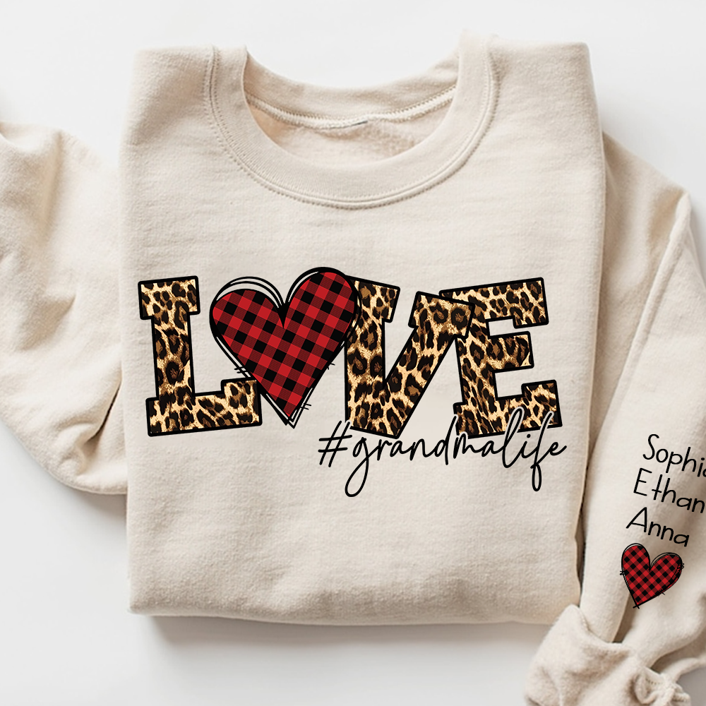 Grandma Sweatshirt Personalized with Names, Love Leopard Print Heart, Cozy Family Crewneck for Grandma