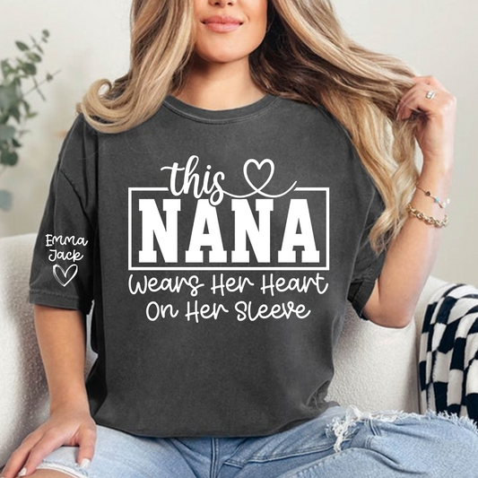 This Grandma Wears Her Heart on Her Sleeve Shirt, Personalized Grandkids Names Family T Shirt