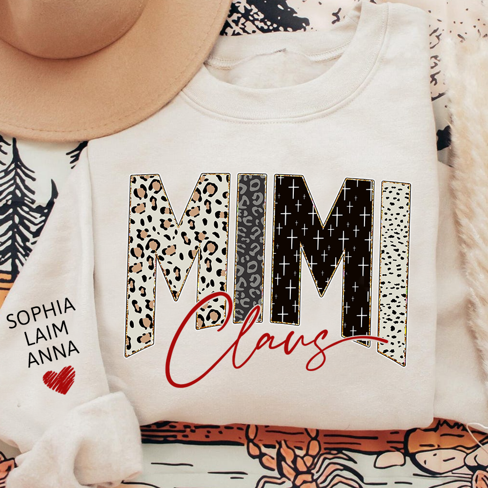 Personalized Mimi Claus Leopard Sweatshirt – Custom Bible Style Design, Unique Gift for Grandma and Her Grandkids