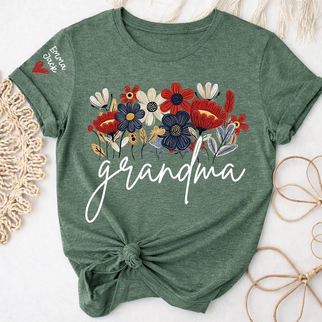 Personalized Grandma Floral Shirt with Custom Grandkids Names, Colorful Flower Design