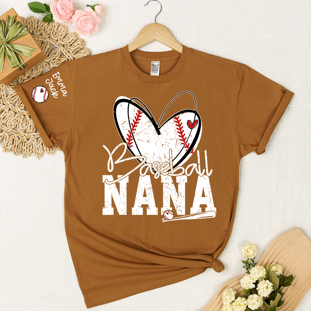 Baseball Nana Shirt, Personalized Family T Shirt with Custom Grandkids Names and Heart Design