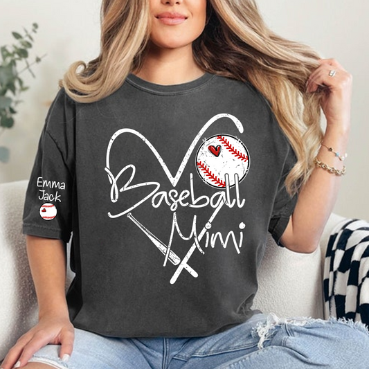 Baseball Mimi Shirt Personalized with Grandkids Names, Heart and Bat Sports Family T Shirt